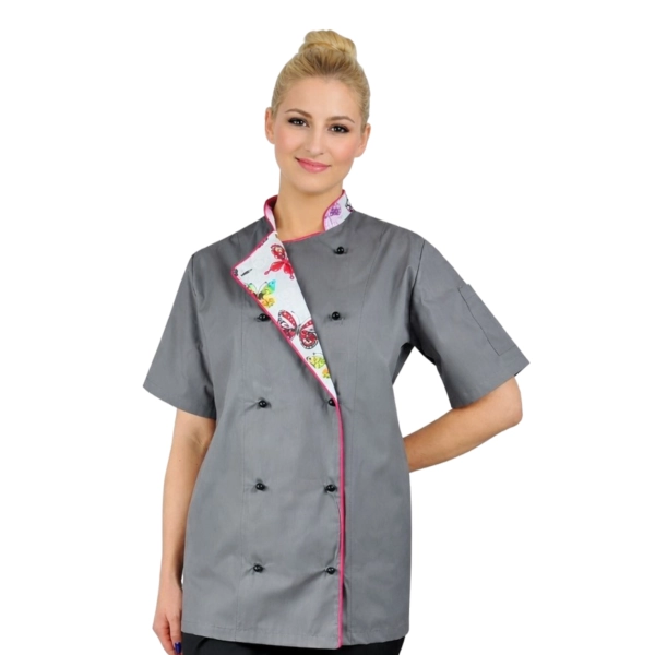 Bluza kucharska damska szara rękaw krótki lamówka wzór W2 (1053) roz. XXL – bluza kucharska – odzież gastronomiczna dla